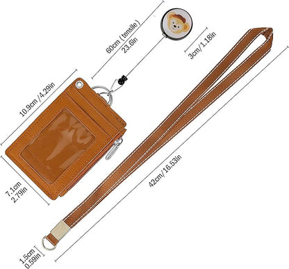 Cute ID Badge Holder Retractable Lanyard Reel Clip with Heavy Duty Carabiner, 5 Card Slots in 2 Sided with Key Ring and Zipper for Women Students Teens Girls Office Staff (Brown Duffy)