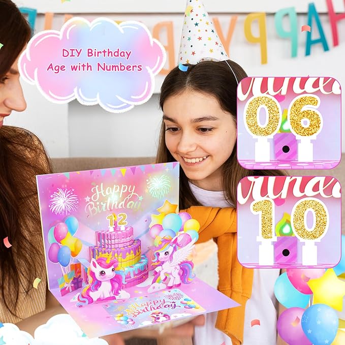Pop Up Birthday Card with Light & Music, Unicorn 3D Birthday Card, Fireworks Greeting Card for Women Kids Girls Daughter, 3D Cake Greeting Crad with Necklace