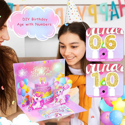 Pop Up Birthday Card with Light & Music, Unicorn 3D Birthday Card, Fireworks Birthday Card for Women Kids Girls Daughter, 3D Cake Greeting Crad with Blowable Candle Sticker DIY Numbers