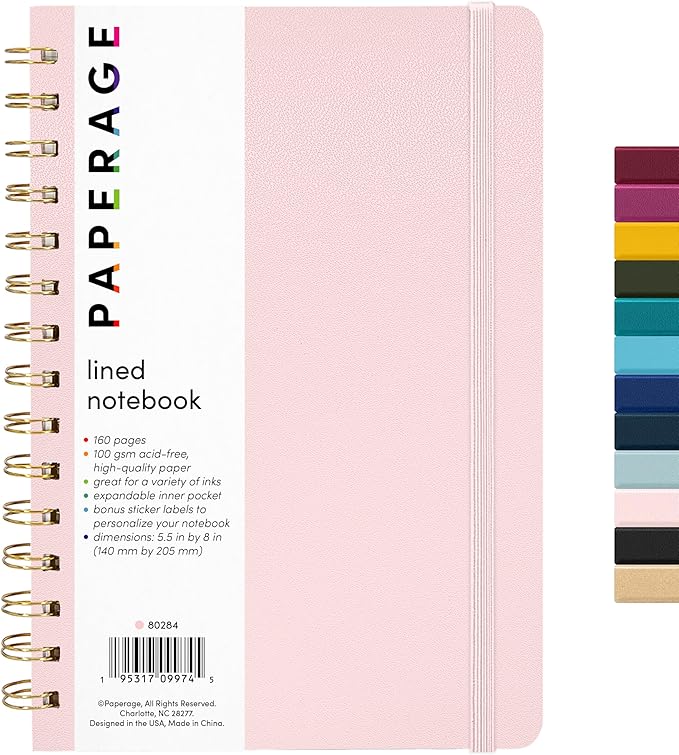 PAPERAGE Lined Spiral Journal Notebook, (Blush), 160 Pages, Medium 5.5 inches x 8 inches - 100 GSM Thick Paper, Hardcover, Double-Wire Spiral Journal & Notebook