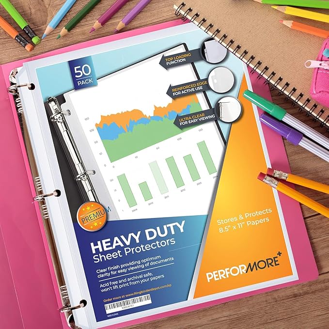 Performore 50 Sheet Protectors, Durable Clear Page 8.5 X 11 Inch for 3 Ring Binder, Plastic Sheet Sleeves, Durable Top Loading Paper Protector with Reinforced Holes, Archival Safe