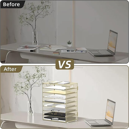 DALTACK 9-Tier Paper Letter Tray Desk Organizer with Handles, Mesh File Holder Organization, File Organizer for Desk Paper Sorter for Office Home School, Golden Yellow