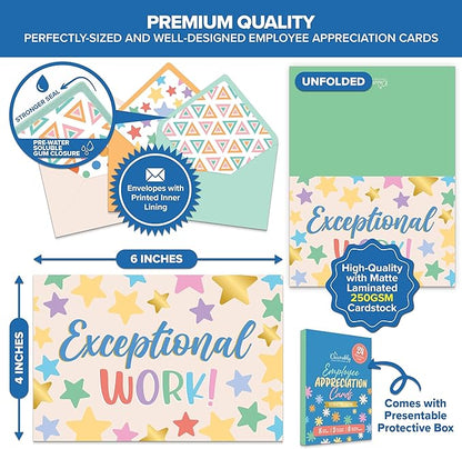 Decorably 24 Pack Gold-Foiled 6x4in Employee Appreciation Cards with Envelopes and Stickers, 8 Festive Designs Employee Thank You Cards, Blank Inside - Office Party
