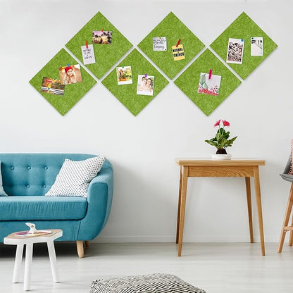 AKTOP Cork Bulletin Board 12x12, 1/2" Thick Felt Cork Board Tiles 12 Pack, Small Square Pin Board for Wall, Self Adhesive Corkboards with 120 Push Pin Wood Clips for School, Home & Office, Green
