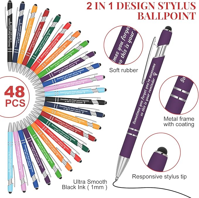 Colarr 48 Pcs Employee Appreciation Pen Ballpoint with Stylus Tip Pen 1.0 mm Black Ink Multicolor Smooth Motivational 2 in 1 Ballpoint Supplies for Coworker Thank You Gift (You're Awesome)