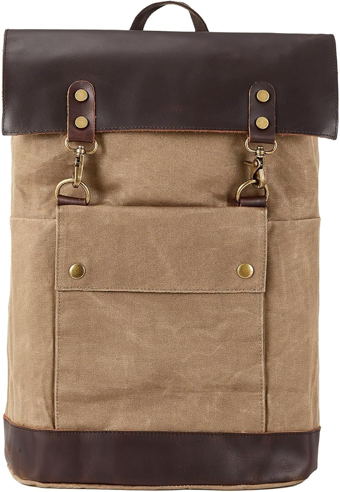 Vintage Waterproof Waxed Canvas Leather Backpack for Men Women 15.6" laptop Travel Rucksack