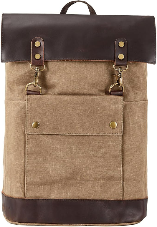 Vintage Waterproof Waxed Canvas Leather Backpack for Men Women 15.6" laptop Travel Rucksack