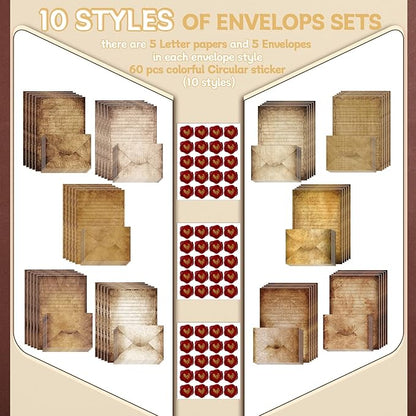 TaoBary 160 Packs Stationery Paper Set (50 Double Sided Stationery Writing Papers 50 Matching Envelopes) 60 Round Dot Sticker, 10 Design(Vintage,8.5 x 11 Inch)