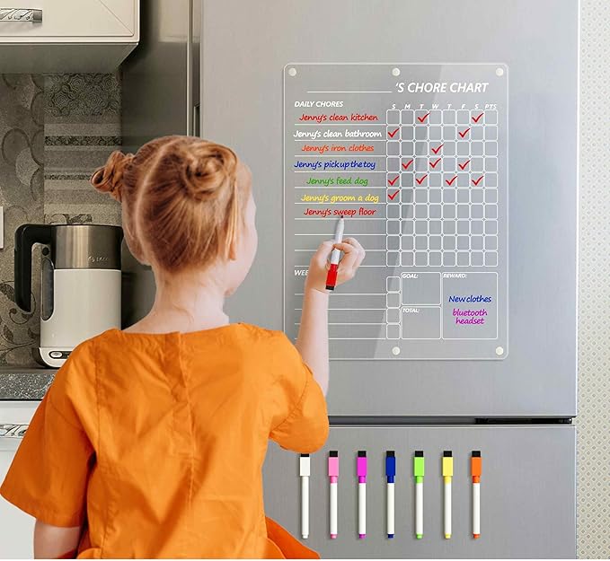 Acrylic Magnetic Chore Chart for 2 Kids, Clear Chores Chart for Fridge Refrigerator, Weekly Dry Erase Board for Multiple Kids Teens Adults, w/ 8 Colors Markers, 15"x11"