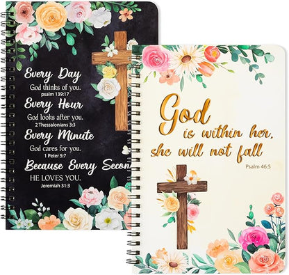 2Pack A5 Floral Cross Religious Spiral Notebooks, She Will Not Fall Bible Verse Ruled Hardbound Journal Writing Hardcover Notebooks Christian Christmas Gift Sunday School Office Supplies