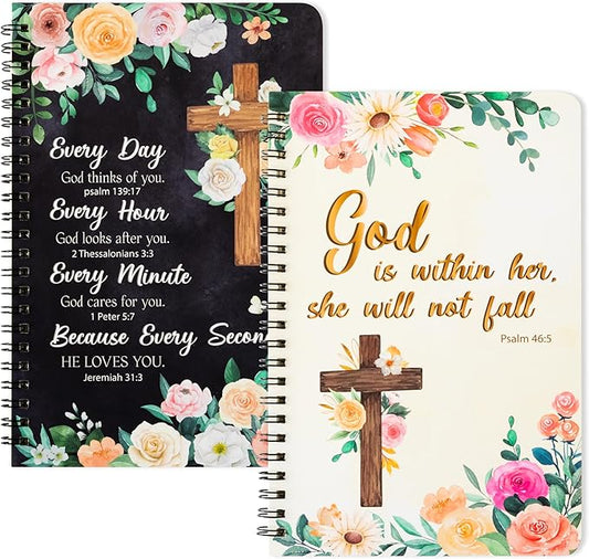 2Pack A5 Floral Cross Religious Spiral Notebooks, She Will Not Fall Bible Verse Ruled Hardbound Journal Writing Hardcover Notebooks Christian Christmas Gift Sunday School Office Supplies