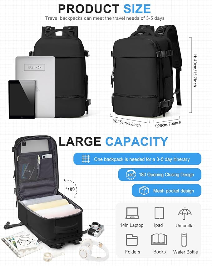 Small Black Backpack for Travel, Carry on Backpack for Men Women, Laptop Backpack with 14-15.6 inch Laptop Compartment, Flight Approved Water Resistant College Luggage Daypack with Shoe Compartment