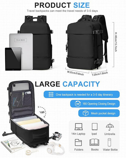 Small Black Backpack for Travel, Carry on Backpack for Men Women, Laptop Backpack with 14-15.6 inch Laptop Compartment, Flight Approved Water Resistant College Luggage Daypack with Shoe Compartment