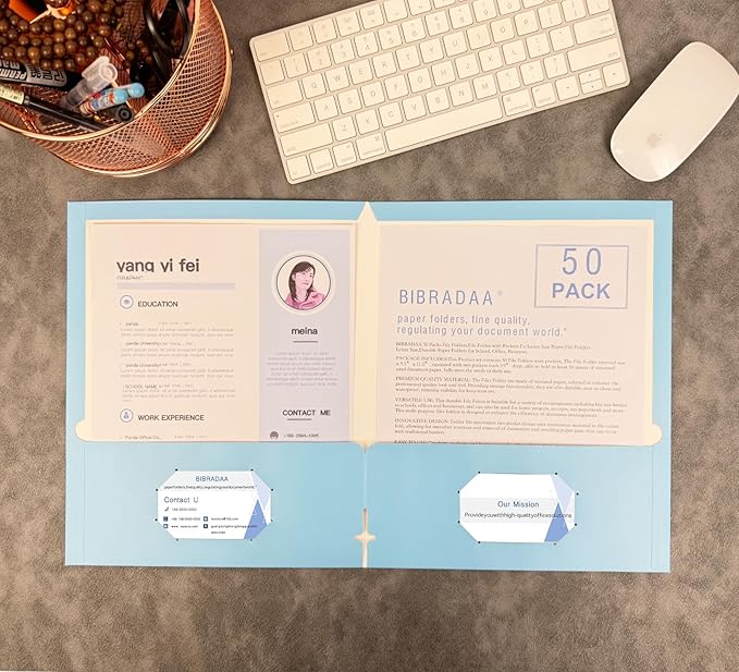 BIBRADAA® 50 Packs Blue Folders with Pockets,File Folder with Pockets Fit Letter Size Paper,File Folders Letter Size,Durable Paper Folders for School, Office, Business. (50, Light Blue)