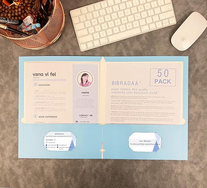 BIBRADAA® 50 Packs Blue Folders with Pockets,File Folder with Pockets Fit Letter Size Paper,File Folders Letter Size,Durable Paper Folders for School, Office, Business. (50, Light Blue)