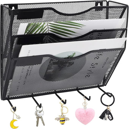 EASEPRES 3 Pocket Mesh Hanging File Organizer with Key Holder Hooks & Nametag Label, Wall Mounted Mail Paper Document Folder Clipboard Storage Organization Magazine Rack for Office Cubicle, Black