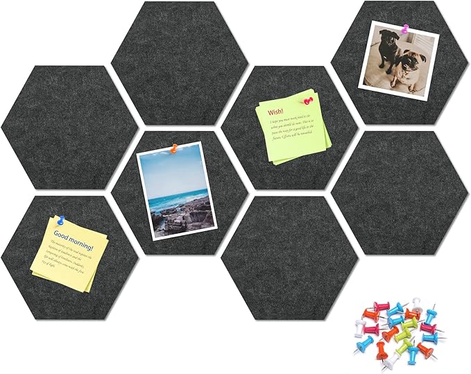 12" Large Bulletin Board with 30 Push Pins, Pack of 8 Hexagon Felt Pin Board Notice Boards for Home Office Kitchen, Felt Wall Tiles for Photos Memos