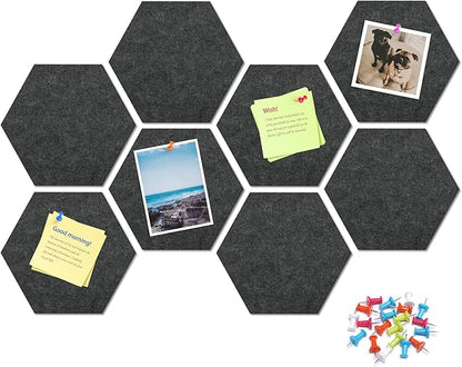 12" Large Bulletin Board with 30 Push Pins, Pack of 8 Hexagon Felt Pin Board Notice Boards for Home Office Kitchen, Felt Wall Tiles for Photos Memos