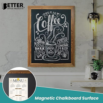 Better Office Products Magnetic Wall Chalkboard, Large Size 18" x 24", Rustic Wood Frame, Chalkboard Sign, Vertical or Horizontal Wall Mount, Includes Chalk and Eraser,(Rustic Brown)