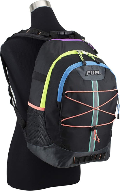 FUEL Hiking Backpack for Women Men Terra Sport, Travel, College, Gym, Work with Laptop Sleeve, Bungee, 18 Inches, Rainbow Black
