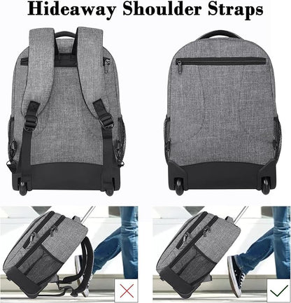 MATEIN Rolling Backpack with Wheels, Water Resistant Travel Laptop Backpacks for Women Men, Large College Wheeled Backpack for Adult, 17 Inch Roller Computer Bag, Carry On Luggage for Airplanes, Grey