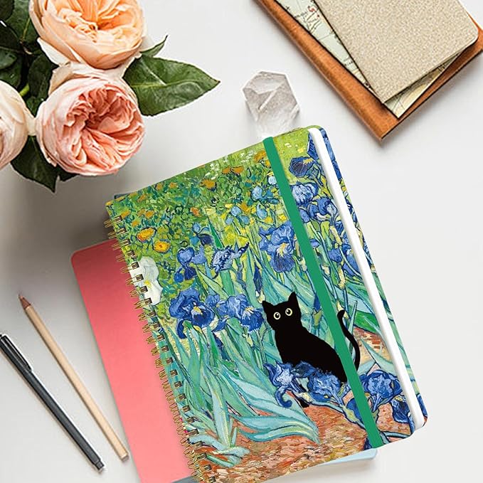 Yoiilifee Spiral Notebook - A5 Spiral Notebooks, 8.3'' × 5.8'', 160 Pages, Aesthetic Journaling Notebooks for Women, College Lined Notebook with Elastic Closure, Back Pocket, for School Office, CatB