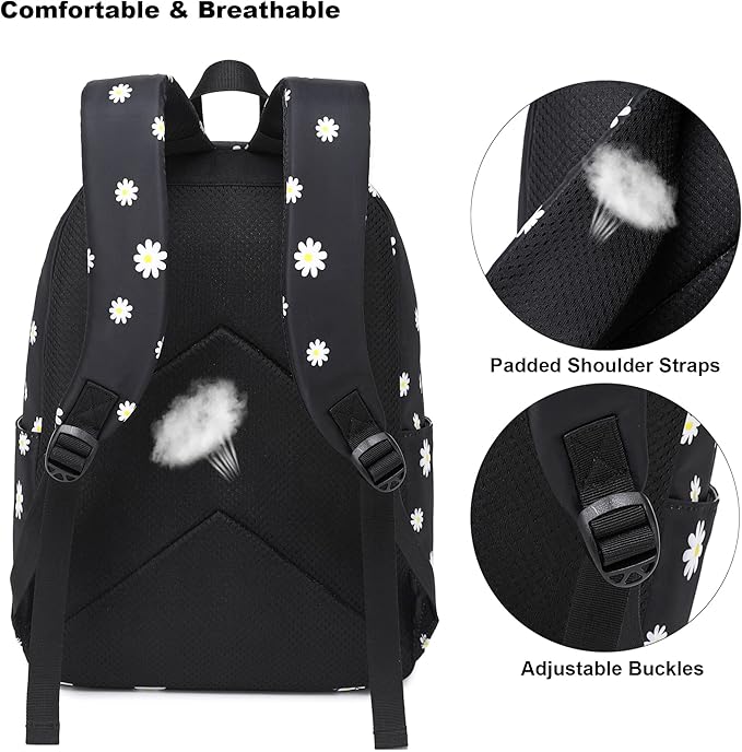 Flowers Black School Backpack for Teens Girls, Womens College Bookbags Kids School Bags Laptop Backpacks
