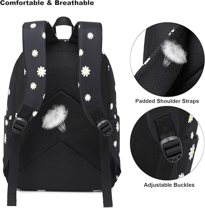 Flowers Black School Backpack for Teens Girls, Womens College Bookbags Kids School Bags Laptop Backpacks