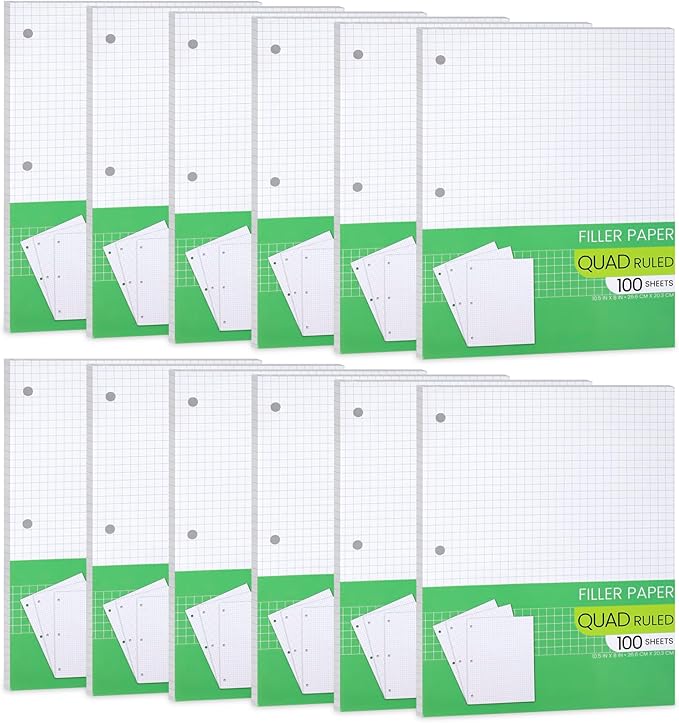 Graph Paper, Filler Paper Loose leaf Graph Paper - 8” x 10.5" - Graph Ruled, 4x4 Quad Ruled Notebook Paper, 3 Hole Punched Loose leaf Papers for 3 Ring Binders - 100 Sheets per Pack (12 Pack)