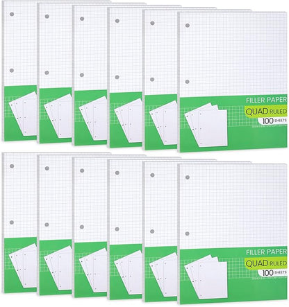Graph Paper, Filler Paper Loose leaf Graph Paper - 8” x 10.5" - Graph Ruled, 4x4 Quad Ruled Notebook Paper, 3 Hole Punched Loose leaf Papers for 3 Ring Binders - 100 Sheets per Pack (12 Pack)