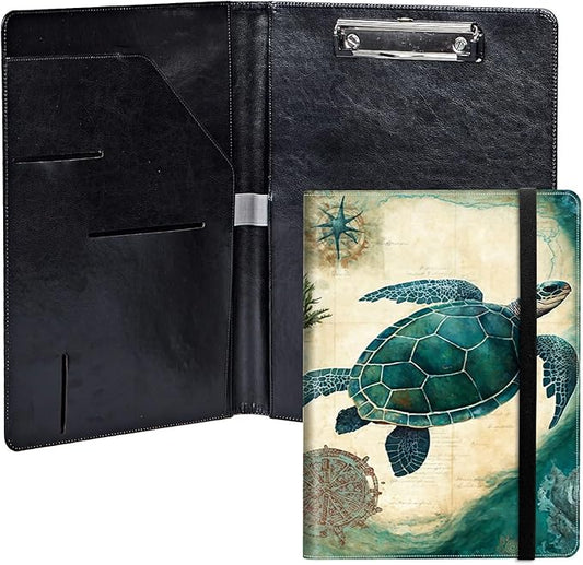 Turtle PU Leather Padfolio Clipboard Notepad with Pen Loop and Elastic Strap Interview/Resume Document Organizer for Business School Office