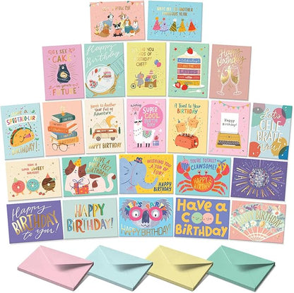 S&O Box of Birthday Cards with Envelopes - Bulk 24 Unique Happy Day Notes - Colorful Birthday Decor Bulk for Office & Home - Assorted Party Cards with Envelopes - 4x5.5”