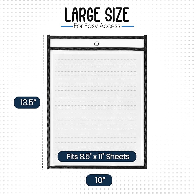 30 Pack, Black, Dry Erase Pocket Document Protectors, 10" Wide x 13.5" Tall - Dry Erase Clear Plastic Sleeves - Reusable & Easy Erase Plastic Invoice Holders, Water-Resistant & Durable