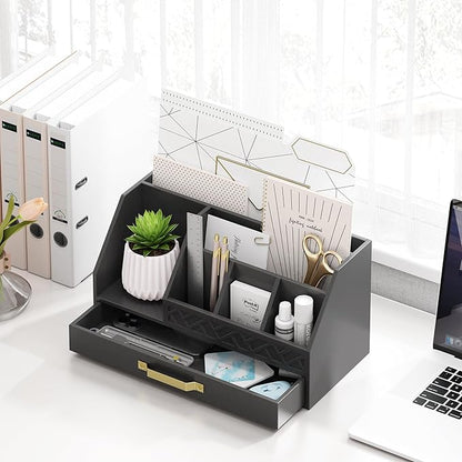 Bamboo Desk Organizer with Drawers, Mail Organizer Countertop Wood Desk Drawer Tabletop Storage Organization Pen Holder Letter Sorter Makeup Organizer for School Home Office (Black)