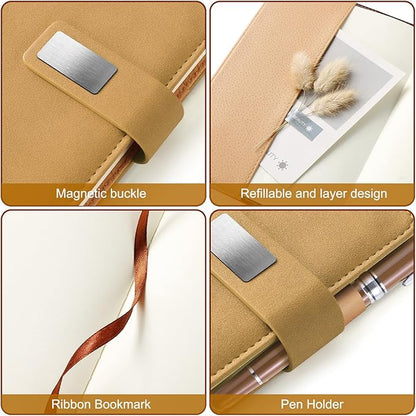 A5 Blank Journal Notebook, Refillable Hardcover Leather Sketchbook with Pocket and Magnetic Buckle, 240 Pages Thick Travel Sketchbooks for Drawing and Writing, 80gsm Unlined Journal for Men and Women