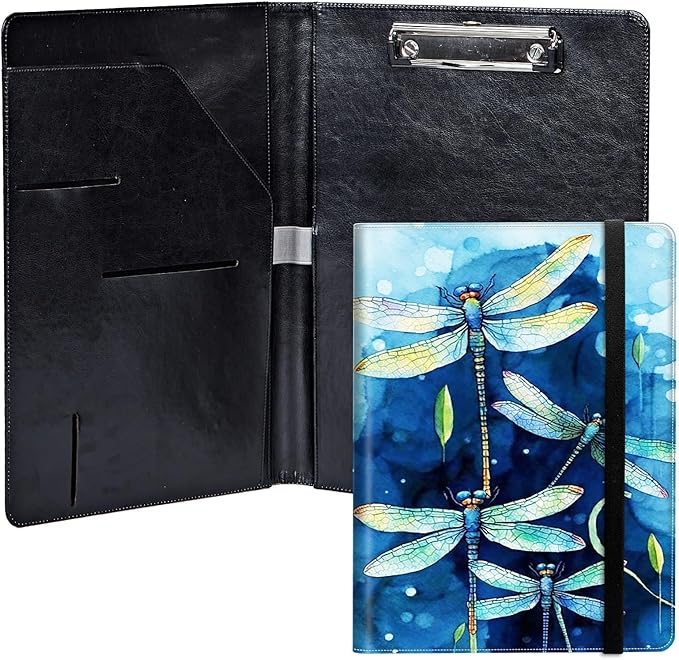 Dragonfly PU Leather Padfolio Clipboard Notepad with Pen Loop and Elastic Strap Interview/Resume Document Organizer for Business School Office