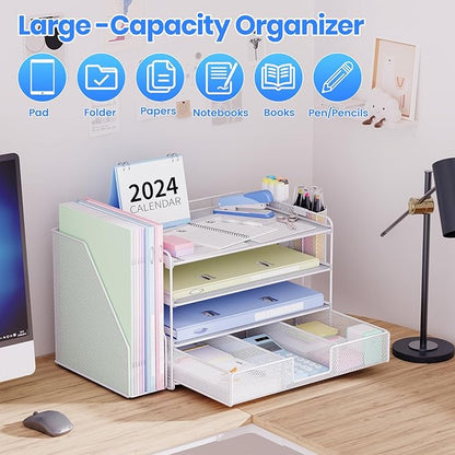 Desk Organizers and Accessories, Desk Accessories & Workspace Organizers for Office Supplies, File Organizer Desk Drawer Organizer with 2 Pen Holders, 4 Tier Paper Organizer for Desk(White)