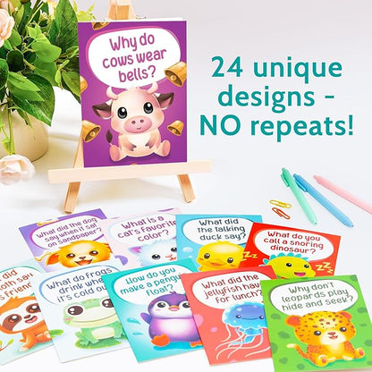 24 Funny Animal Joke Notecards with No Repeats - 4.5” x 6.25” Humorous Bulk Thinking of You Cards for Kids, Grandkids, Students, and Teachers, Summer Camp and More