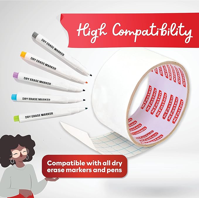 XFasten Dry Erase Tape White 2-Inch x 30-Feet Zero Smudging Ghosting-Free Whiteboard Tape, Reusable Dry Erase Labels for Storage Bins, Sentence Strips for Teachers