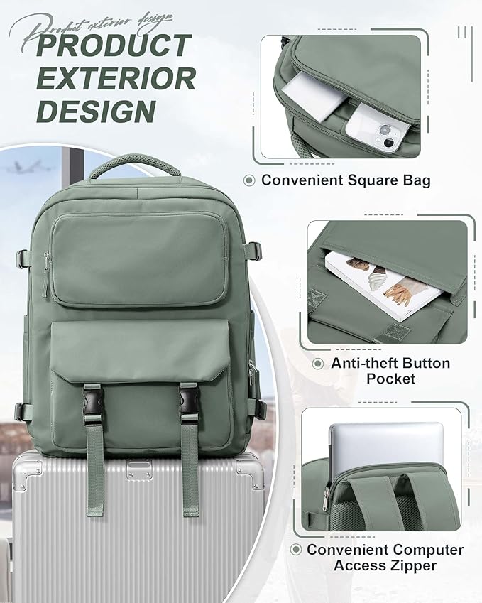 Large Travel Carry on Laptop Backpack for Women Men, Expandable Flight Approved Backpack, Waterproof Sports College bag Casual Daypack for Weekender Business Hiking with Shoe Compartment Light Green