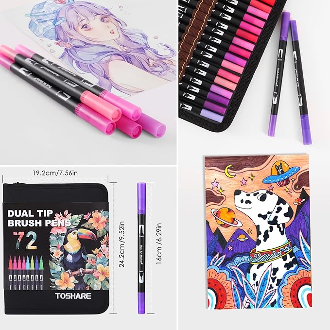 Double Brush Marker Pens, 72 Colors Art Markers Set with Fine Tip and Brush Tip for Kids Adult Coloring Book Hand Lettering Calligraphy Drawing Art Supplies Kit