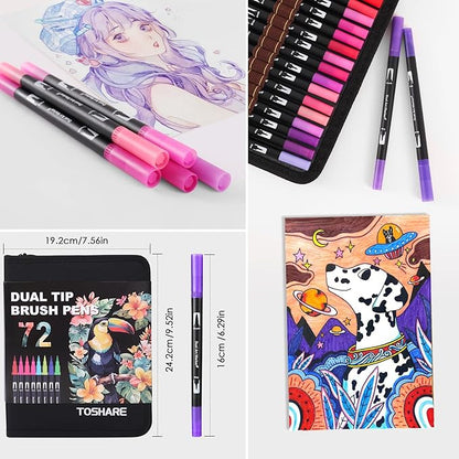 Double Brush Marker Pens, 72 Colors Art Markers Set with Fine Tip and Brush Tip for Kids Adult Coloring Book Hand Lettering Calligraphy Drawing Art Supplies Kit