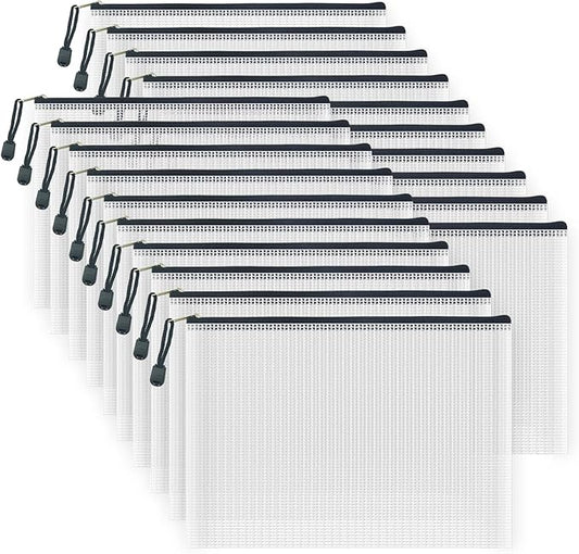 AUSTARK 20 Pcs Zipper File Bags, Plastic Mesh Pouch, Board Game Storage Bag, Waterproof Bags for Office School (B5 Size 11.4''x8.2'', White and Black)