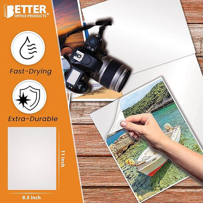 Better Office Products Self-Adhesive Photo Paper, Sticky Photo Paper, Glossy, 8.5 x 11 Inch, 100 Sheets, 135 gsm, Letter Size, 100 Count Pack