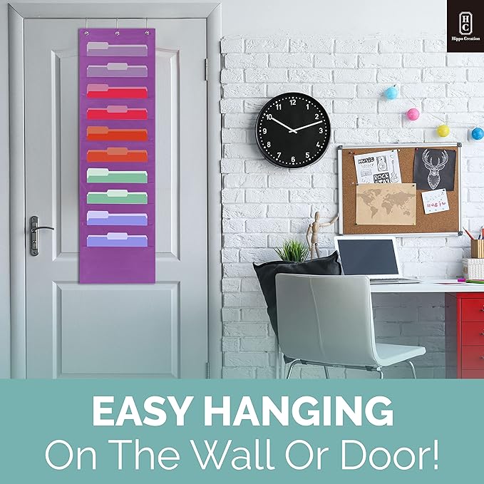 Hippo Creation Heavy Duty Storage Pocket Chart for Classroom, 10 Pocket Storage Organizer with 3 Over-Door Hangers, Hanging Wall Organizer for File Folders, School Mailbox, Home Office Papers - Purple