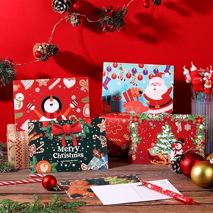 Junkin 80 Pack Christmas Cards Merry Christmas Greeting Cards Christmas Tree Snowman Santa Claus Postcards for Christmas Xmas Holiday Wishes Party Favors, 4 x 6 Inch