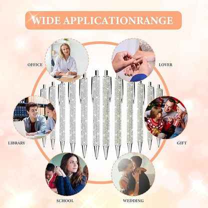 12Pcs Rhinestone Metal Ballpoint Pens Bling Pens Bulk Fancy Sparkly Crystal Diamond Pens Press Retractable Black Ink 0.7mm For Women Office Meeting Birthday Supplies Wedding Gifts(2colors)