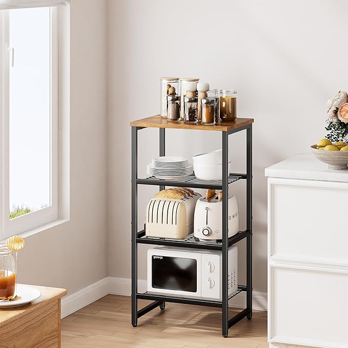 Printer Stand Holder 4 Tier - Heavy Duty Metal Shelving Unit for Printer Shelf Office Organizer, Industrial Printer Side Table with Wood Desk for Scanner Fax Machine, Bronze