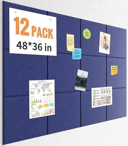 Smarpau Large Cork Bulletin Board 48"x36" Cork Board Wall Tiles 12 Pack Corkboards for Walls Cork Board Felt Board Tiles for Office Home Blue Pin Board Tack Board Alternative