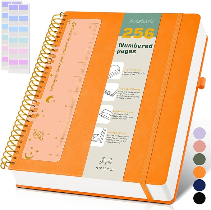 A4 Spiral Notebook Journal 8.5” x 11”, 256 Numbered Pages Hardcover Leather Journals for Women Men, Large Lined College Ruled Notebooks, 100GSM Thick Paper, Spiral Bound Journal for Work School Orange